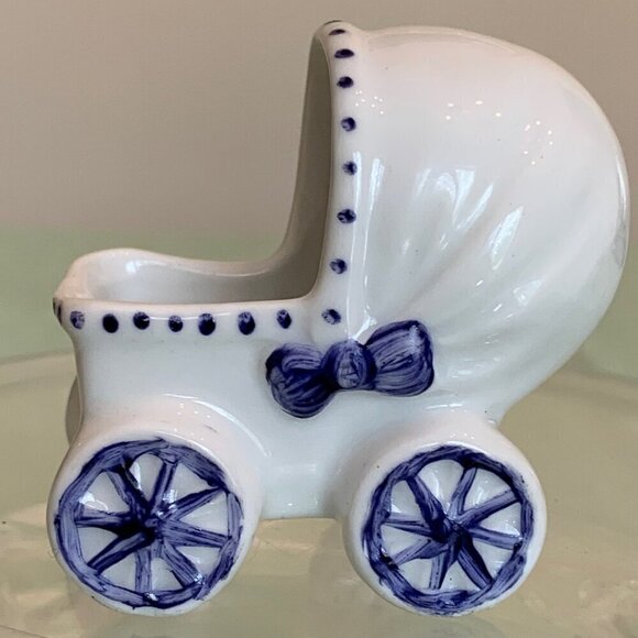 Vintage Baby Buggy Ceramic Planter Stroller Pram Hand Painted Newborn Boy Gift - Picture 3 of 13